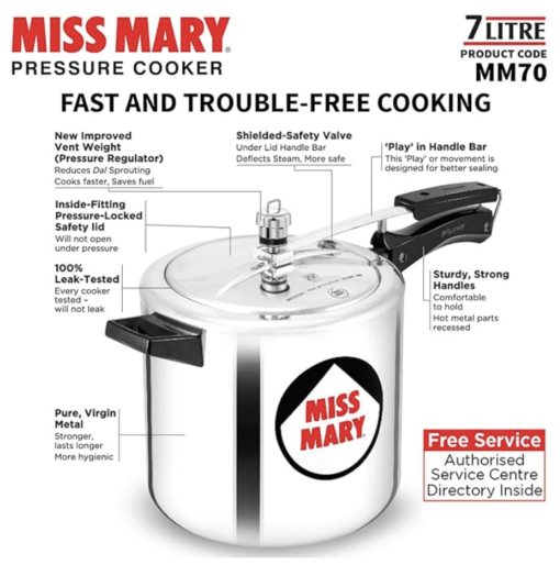 Hawkins Miss Mary Pressure Cooker, 7 Litre, Silver (MM70) - Image 2